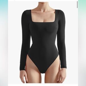 Black square neck long sleeve thong bodysuit